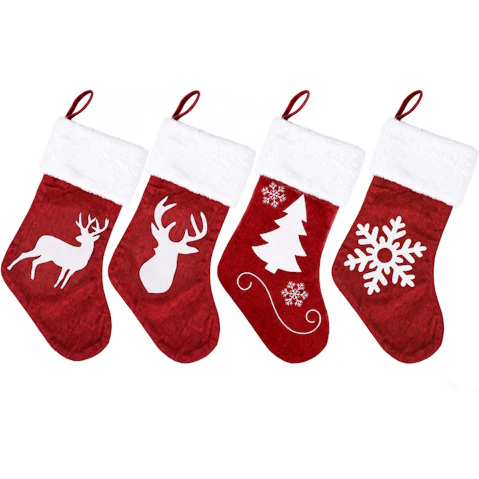 Jingle Jollys 4 Pack Large Red White Velvet Christmas Stockings - 46.5cm