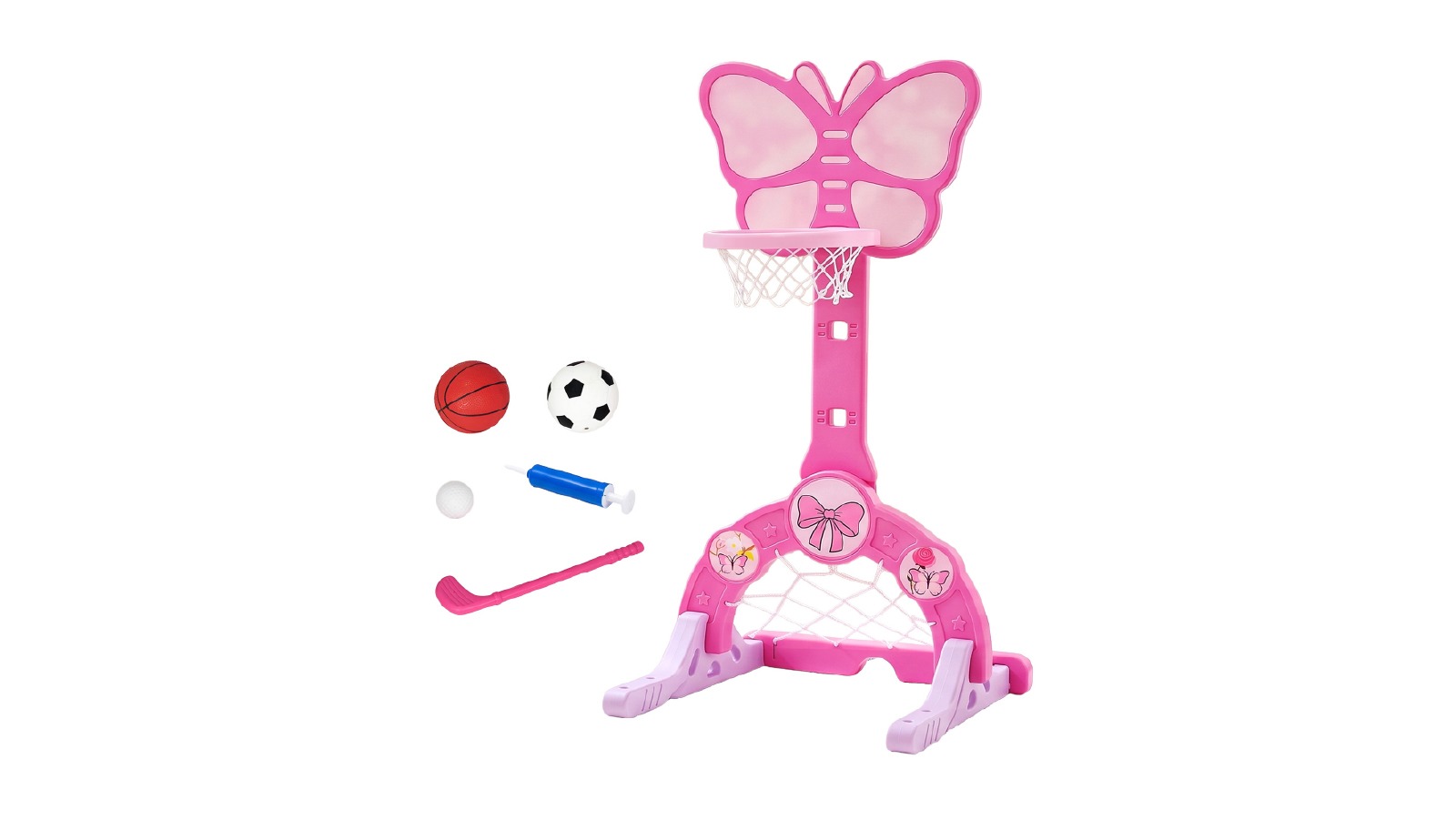 Keezi 3 in 1 Kids Basketball Hoop Soccer Goal Golf Game Set with Balls - Pink