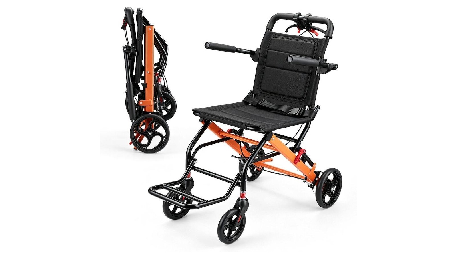 100KG Transport Wheelchair Lightweight Folding with Handbrakes Medical Aid for Mobility Disability - Black and Orange