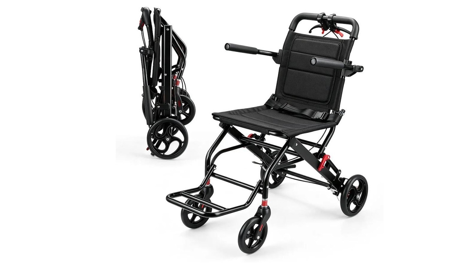 100KG Transport Wheelchair Lightweight Folding with Handbrakes Medical Aid for Mobility Disability - Black
