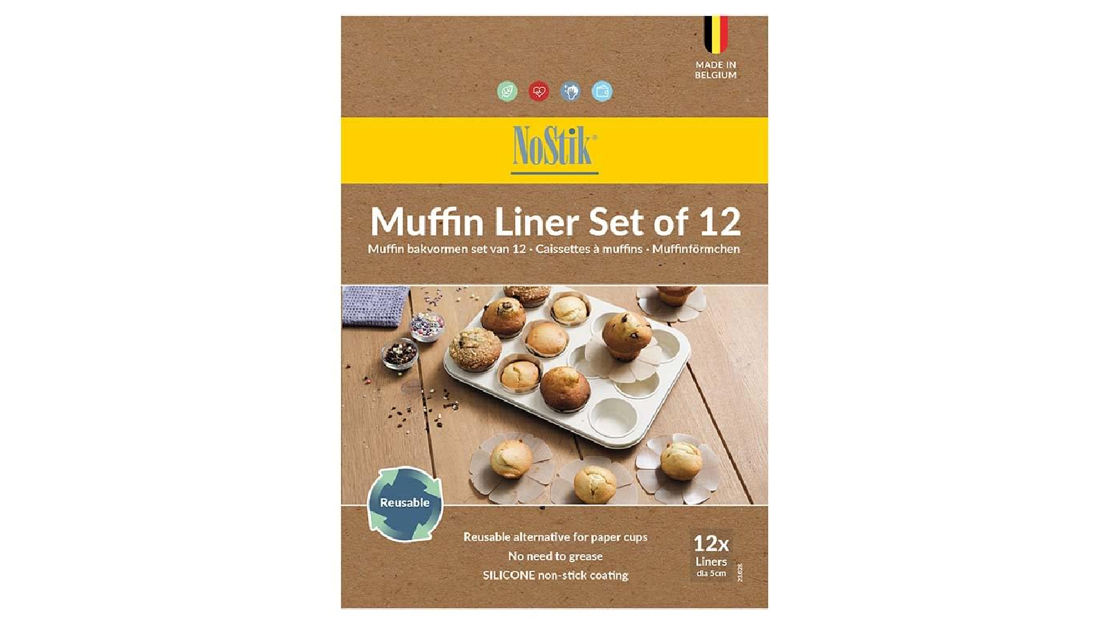 Nostik Set of 12 Silicone Fibreglass Muffin Liner - Brown 
