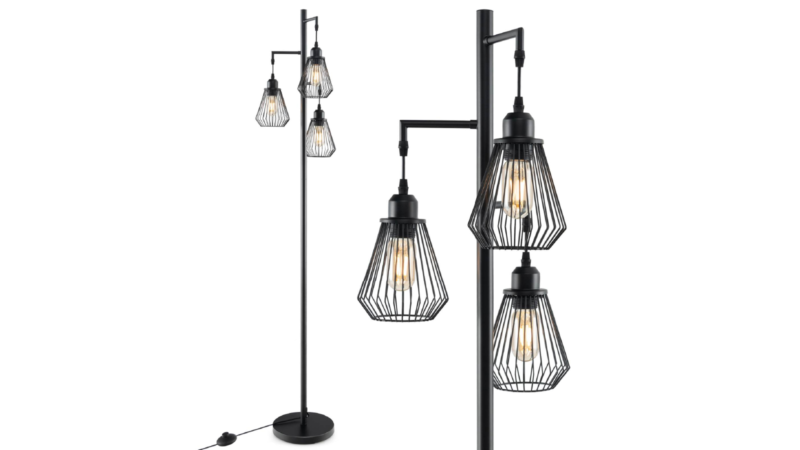 Costway Tall Floor Lamp with 3 Birdcage Lampshades Modern Reading Lamp For Living Room Bedroom - Black