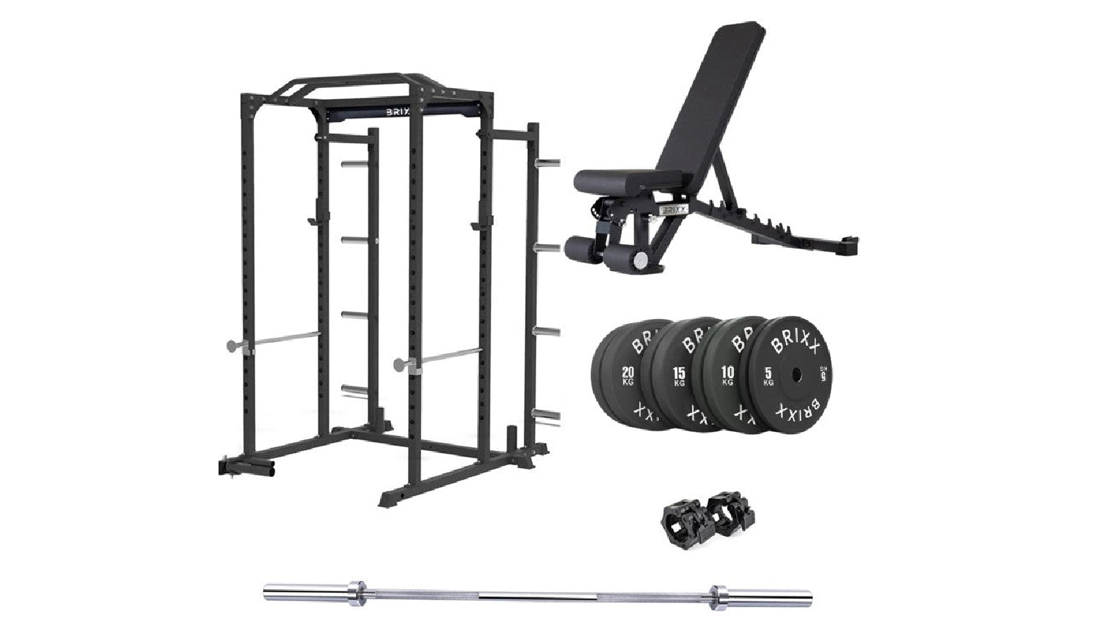BRIXX Zeus 3000 Power Rack, Bench, 100kg Plates And Barbell Package - Black