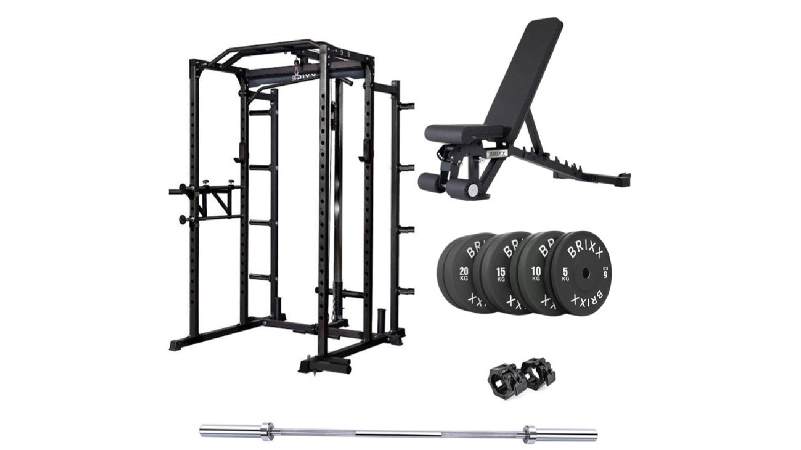BRIXX Zeus 5000 Power Rack, Bench, 100kg Plates And Barbell Package - Black