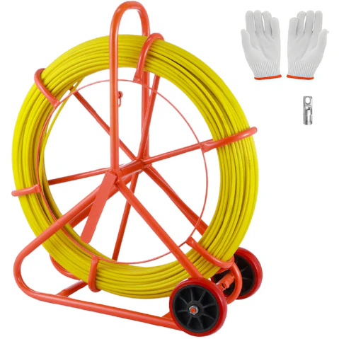 Crazy Sales 8mm 150m Fiberglass Duct Rodder Conduit Fish Tape Cable Puller Electrical Wire Puller Fiberglass Running Rod Wheel with Cage