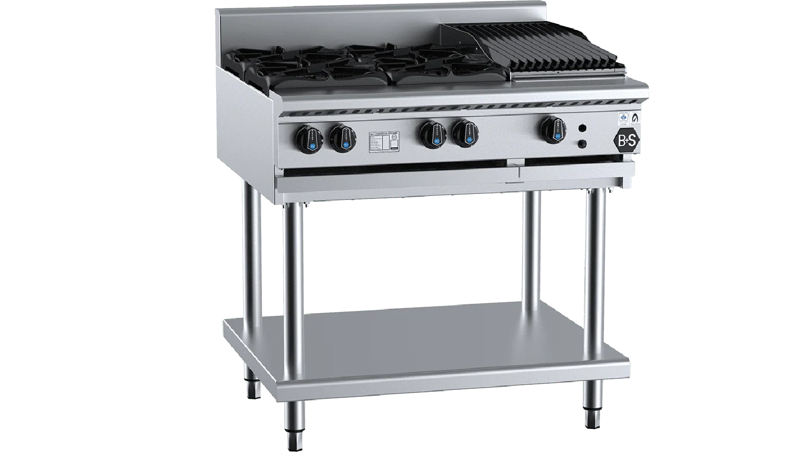 B+S Black Combination Four Open Burners and 300mm Char Broiler LPG