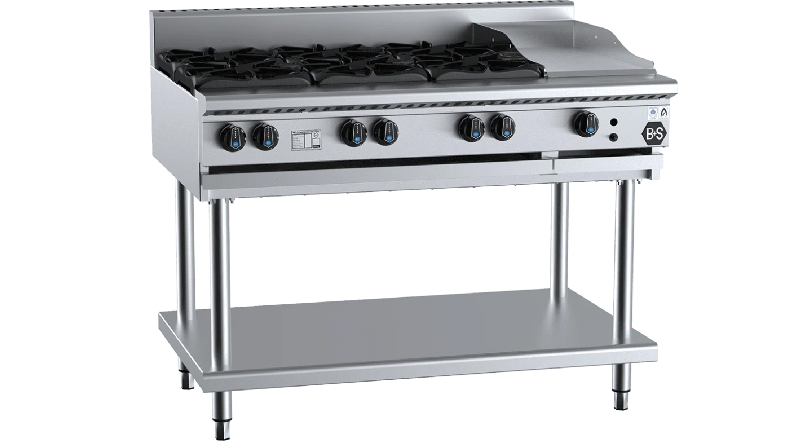 B+S Black Combination Six Open Burners and 300mm Grill Plate LPG