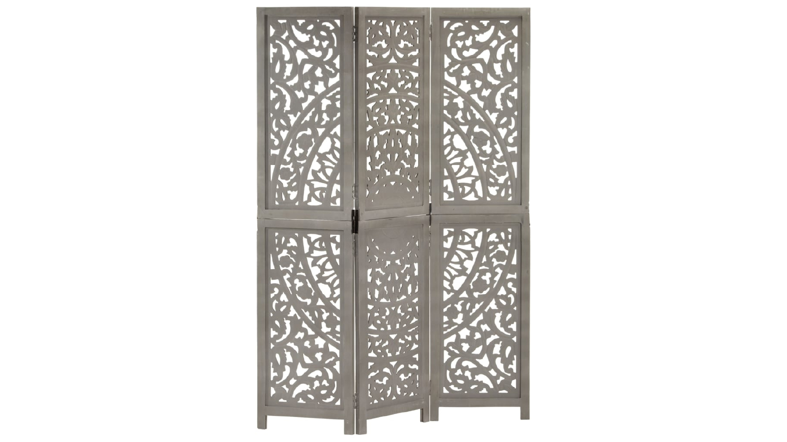 VidaXL 3 Panel 120 x 165cm Solid Mango Wood Hand Carved Room Divider - Grey 