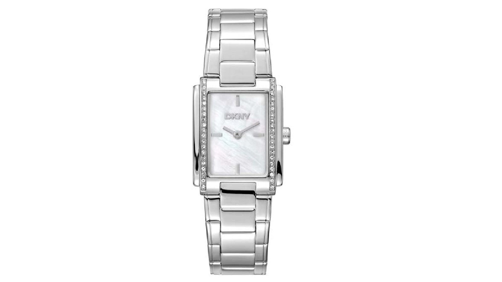 DKNY Womens Evening Silver Rectangle Stainless Steel Watch with White Mother of Pearl Dial and Crystal Encrusted Bezel