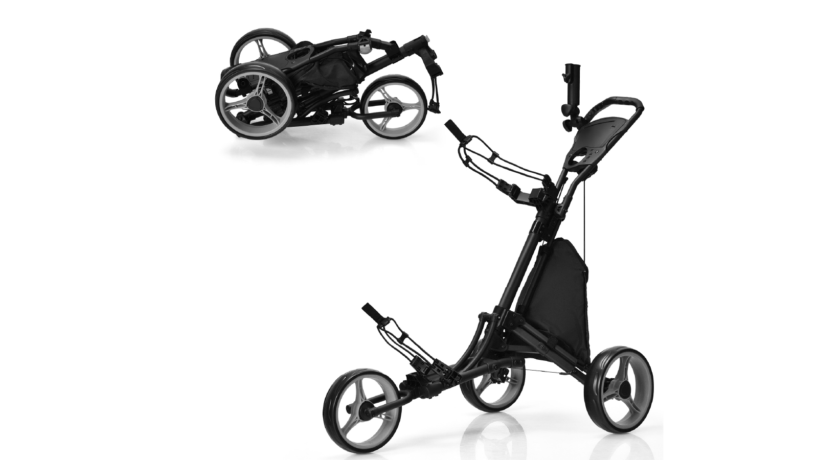 Costway 3 Wheels Foldable  Golf Club Push Cart Adjustable with Storage Bag and Umbrella Holder - Grey