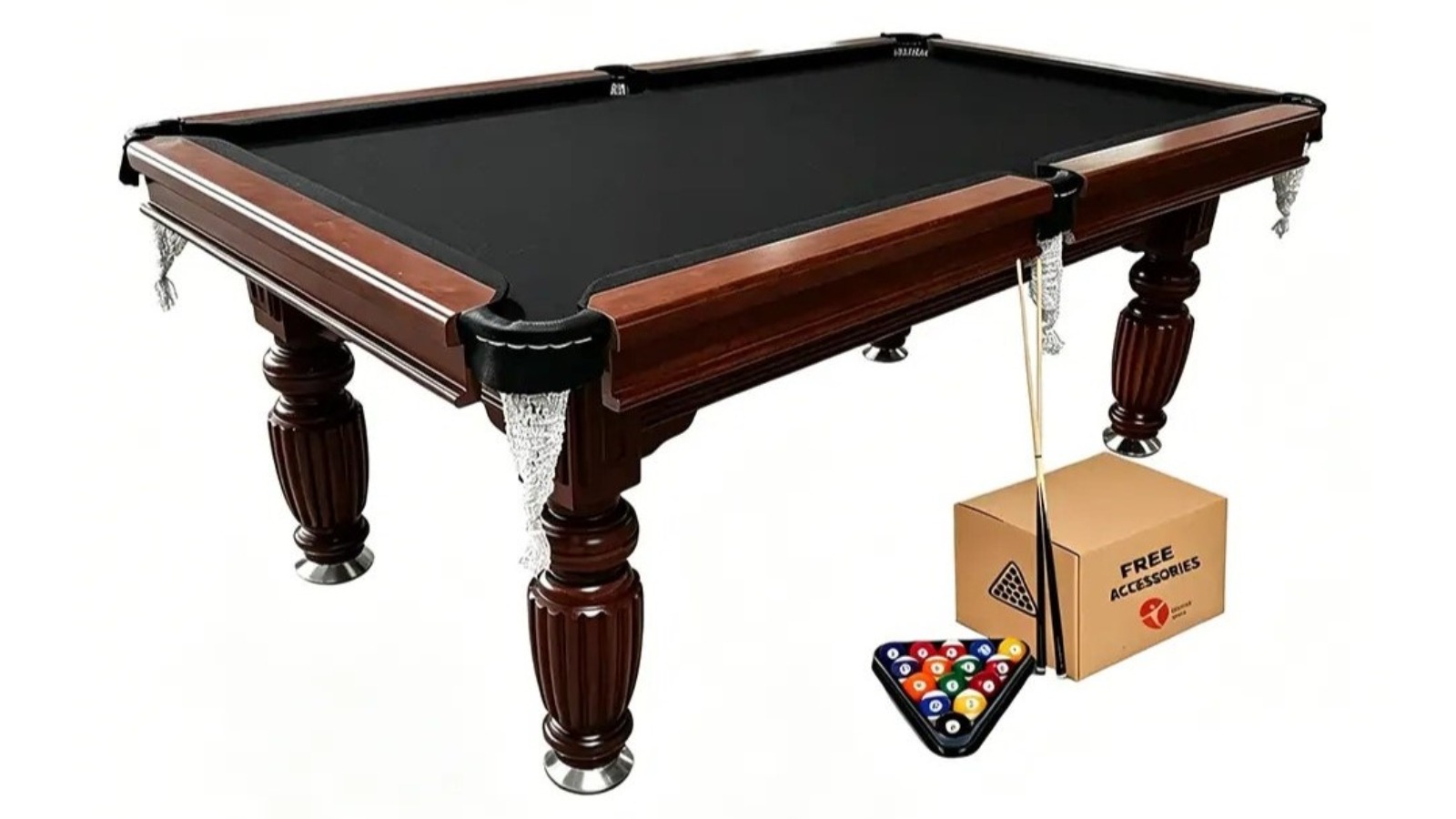 TopOne Sports 8ft Slate Walnut Frame Billiard Table With Accessories Package - Black Felt