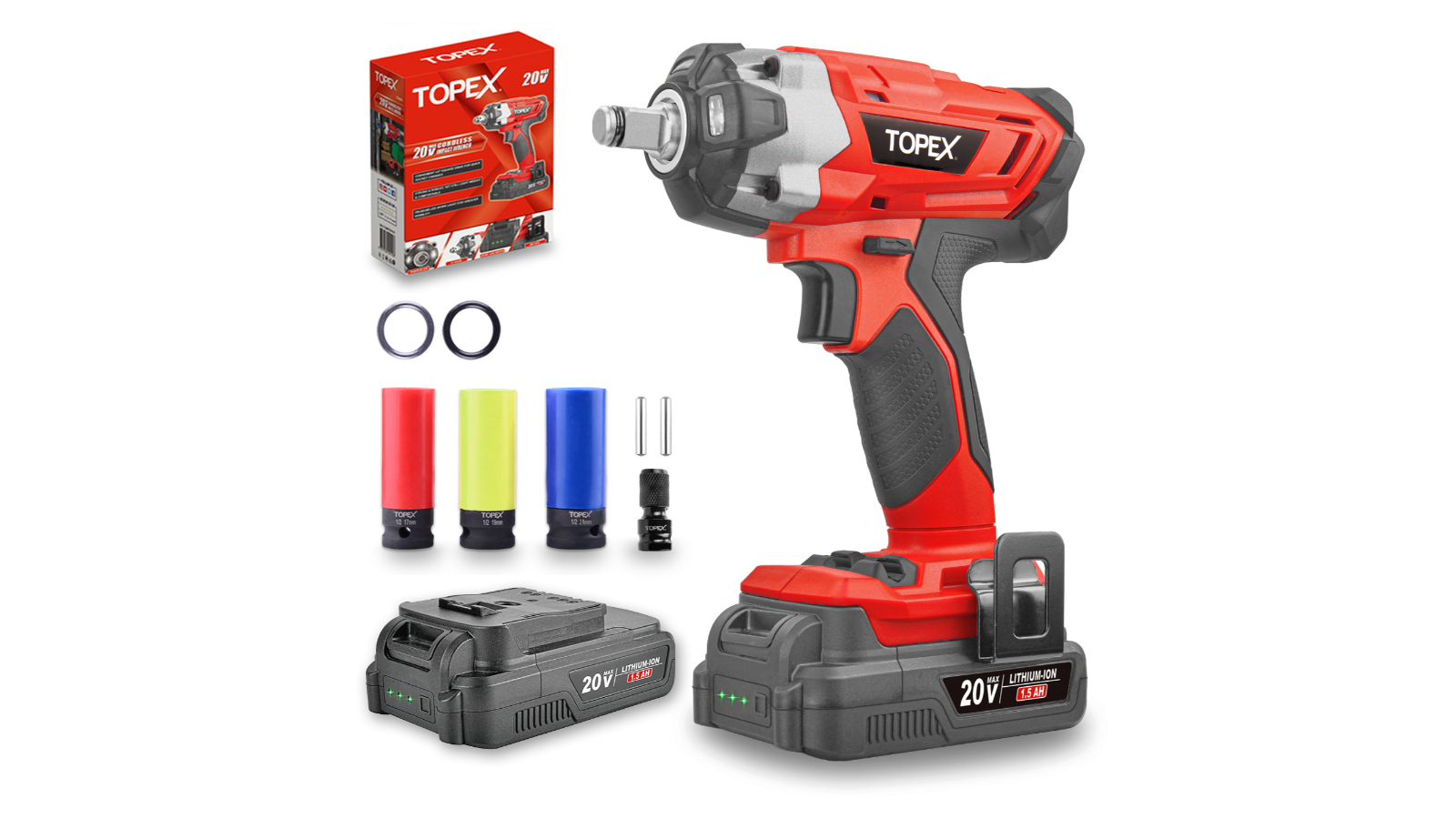 Topex 20V 180Nm 1/2" Drive Impact Wrench with 2 Batteries and Accessories