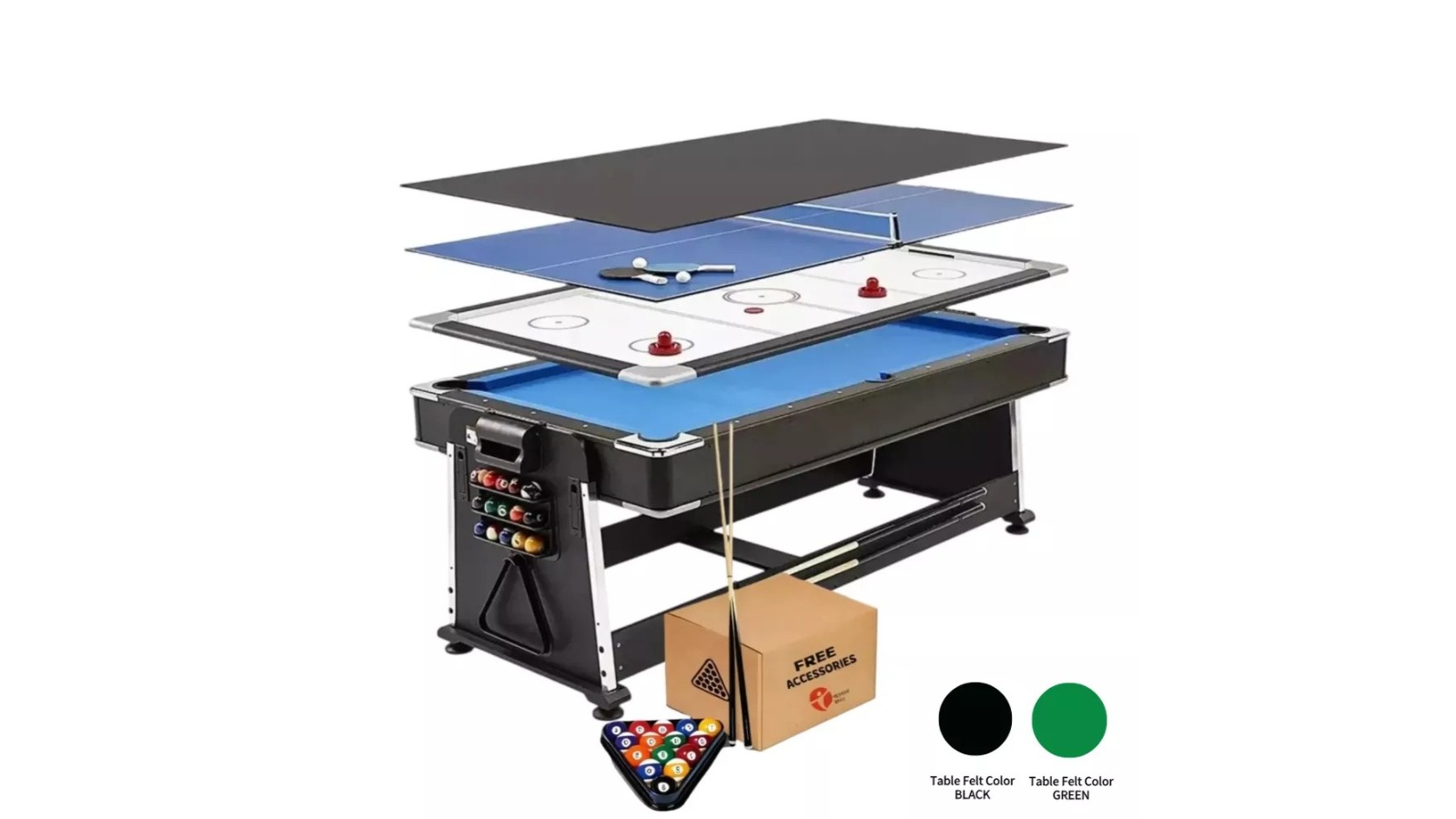 TopOne Sports 7ft 4-in-1 MDF Multi-Functional Convertible Pool Table with Accessories Package - Blue Felt