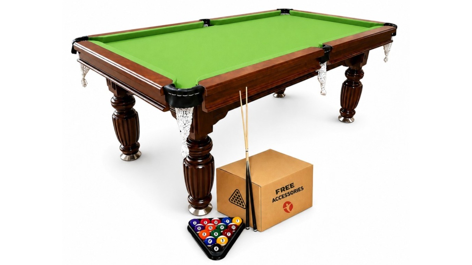 TopOne Sports 8ft Slate Walnut Frame Billiard Table With Accessories Package - Green Felt