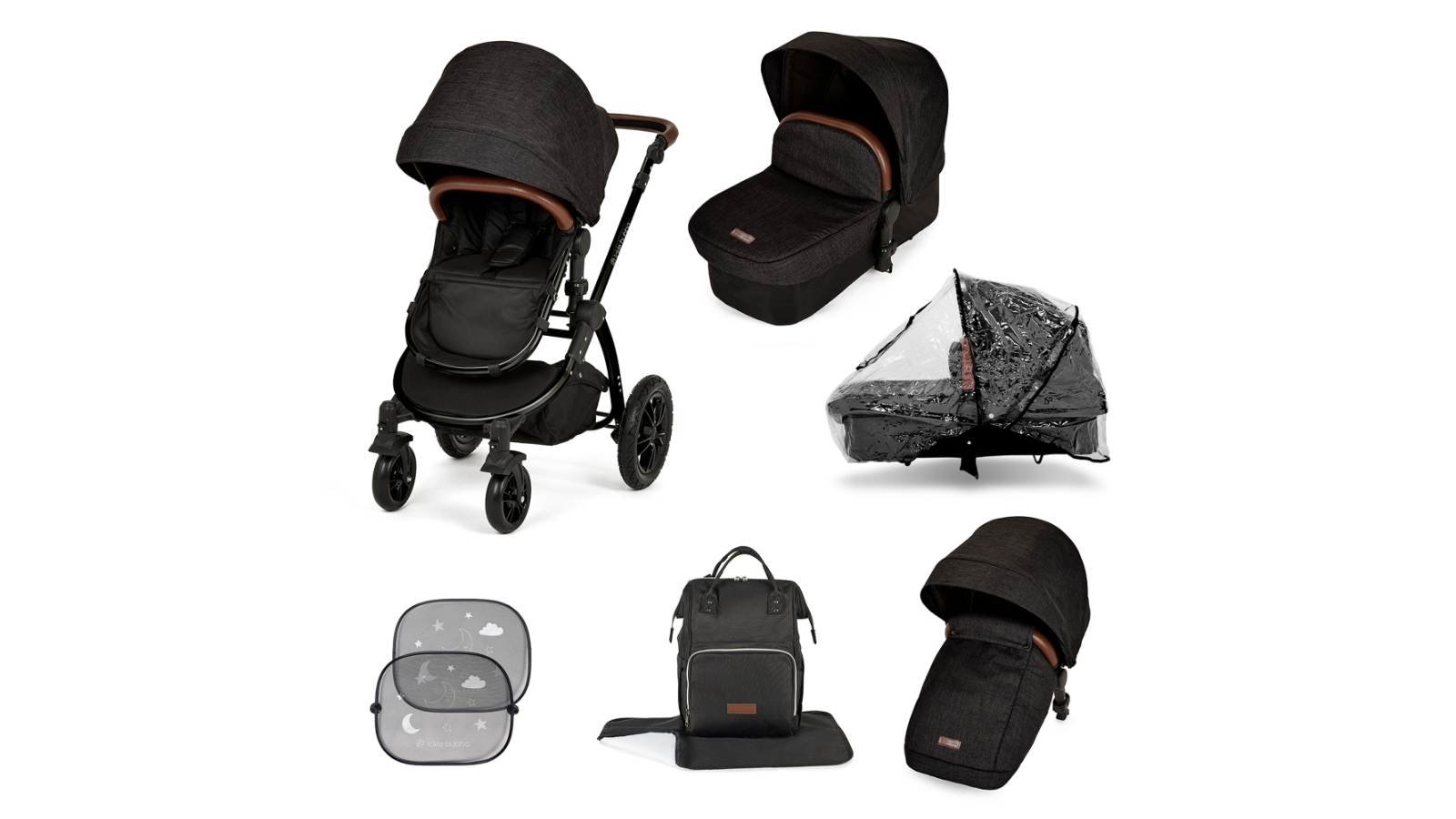 Ickle Bubba All-in-One Stomp V3 4-Wheel Pram - Black/Black/Tan