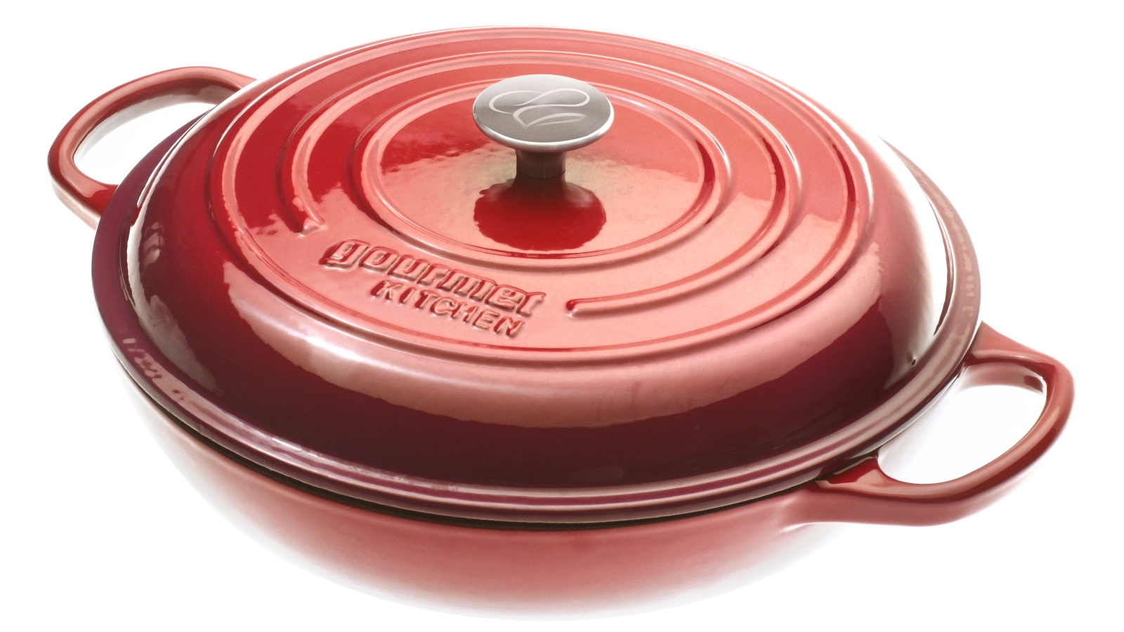 Gourmet Kitchen Black Cherry Red Cast Iron Shallow Casserole - 30cm 