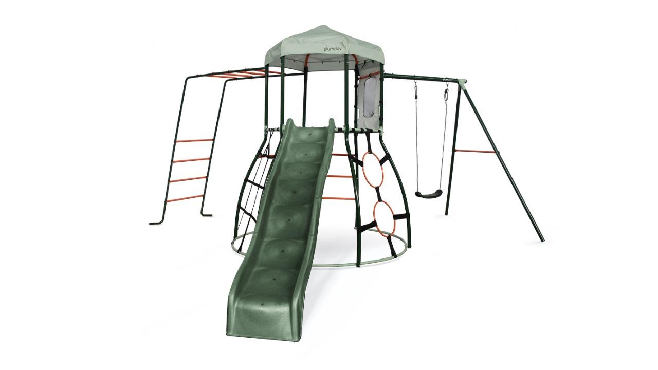 Plum Play Kids Outdoor Metal Climbing Dome Frame with Slide Monkey Bar and Swing