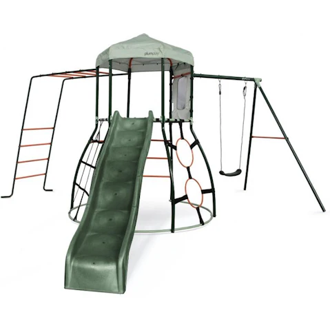 Plum Play Kids Outdoor Metal Climbing Dome Frame with Slide Monkey Bar and Swing