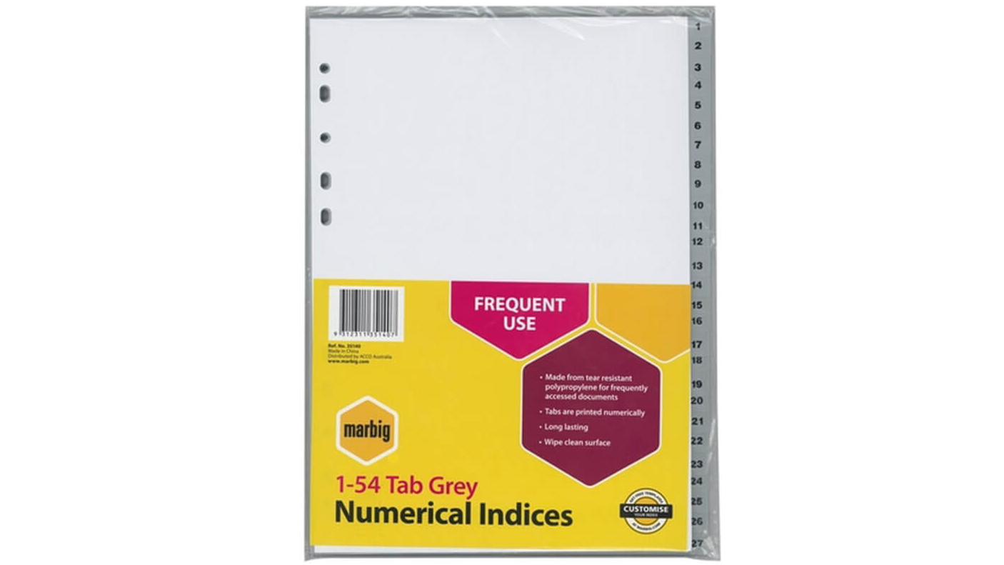 Marbig A4 Polypropylene Divider (1-54 Tab) - Grey