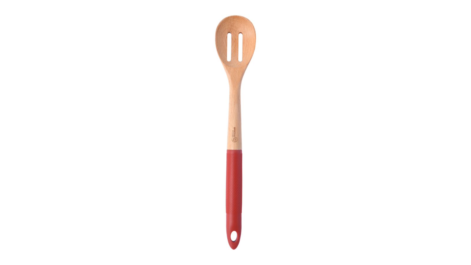 Gourmet Kitchen Rustic Beech Wood Slotted Spoon with Red Silicone Grip - 35 x 6.1 x 2.8cm