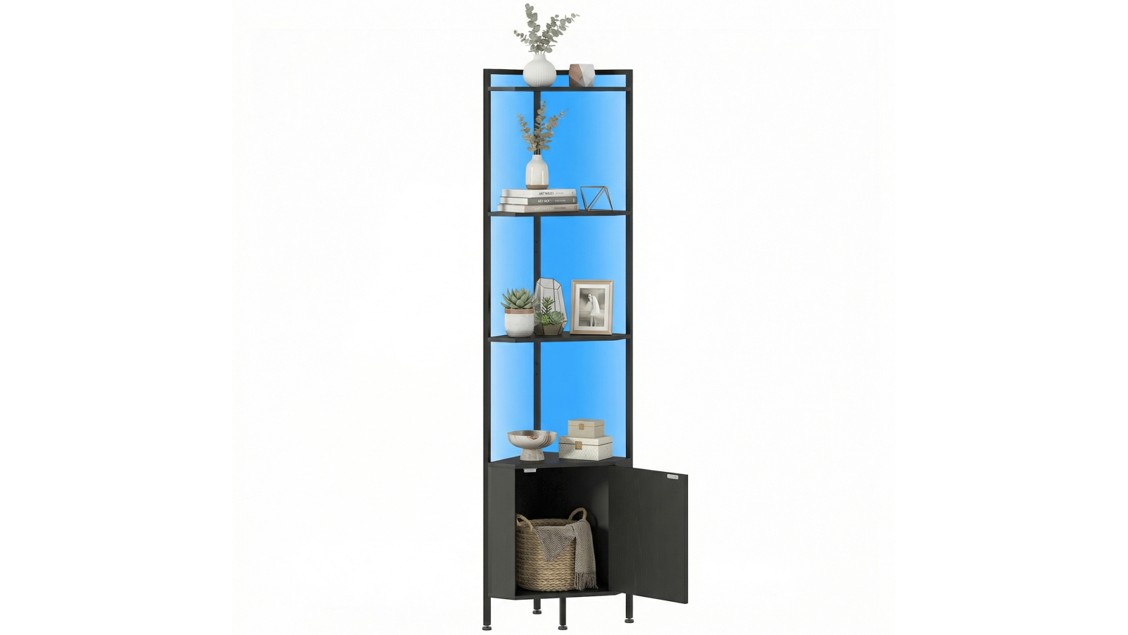 Advwin 160cm 4-Tier Corner Cabinet with LED Light - Black