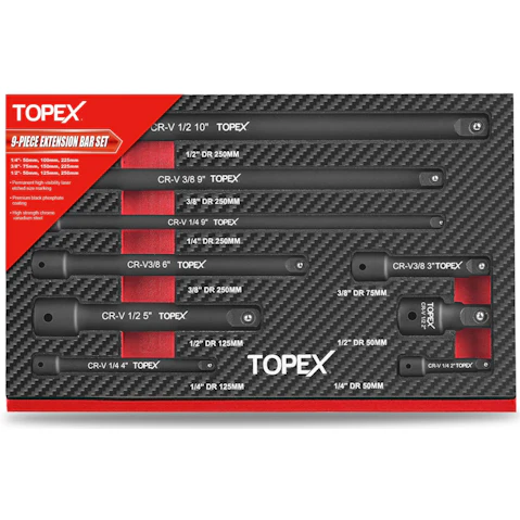 TOPEX 9-Piece Extension Bar Set Black Drive Socket Extensions
