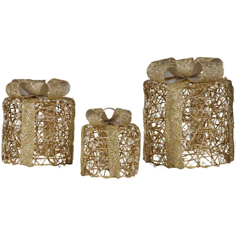 Christabelle Set of 3 Battery Operated Golden Cylindrical Christmas Gift Box with Light