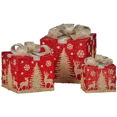 Christabelle Set of 3 Battery Operated Red Christmas Gift Box with Light, Gold Scenery and Bow