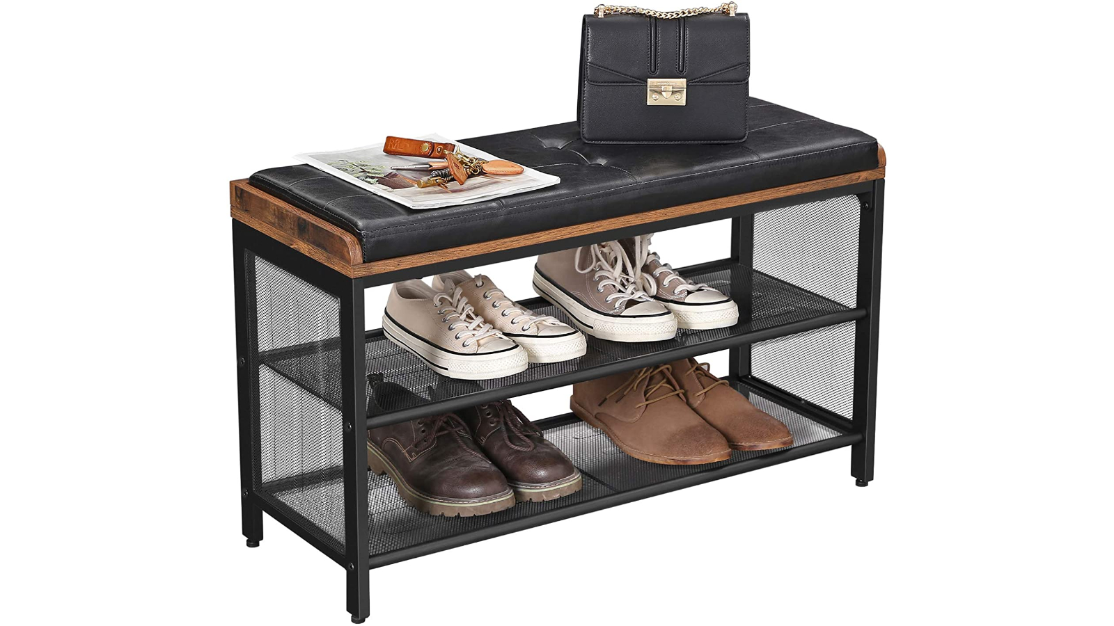 Vikus Vintage Brown/Black Shoe Bench with Mesh Shelf and Faux Leather
