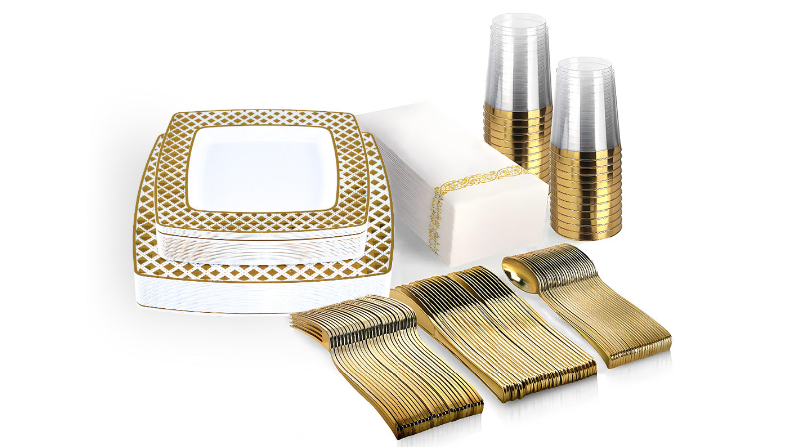 Yarra Supply Pack of 25 Gold-Edged Event Banquet Plastic Square Plate Cutlery - 175 Piece