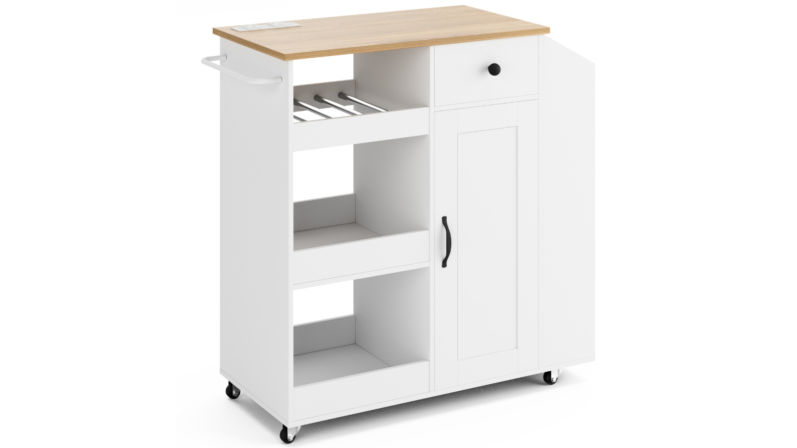 Advwin Kitchen Island Cart on Wheels with Charging Station and Wine Rack - White