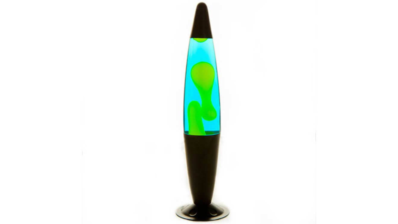 Peace Motion Lamp with Black Base and Yellow Wax in Blue Liquid