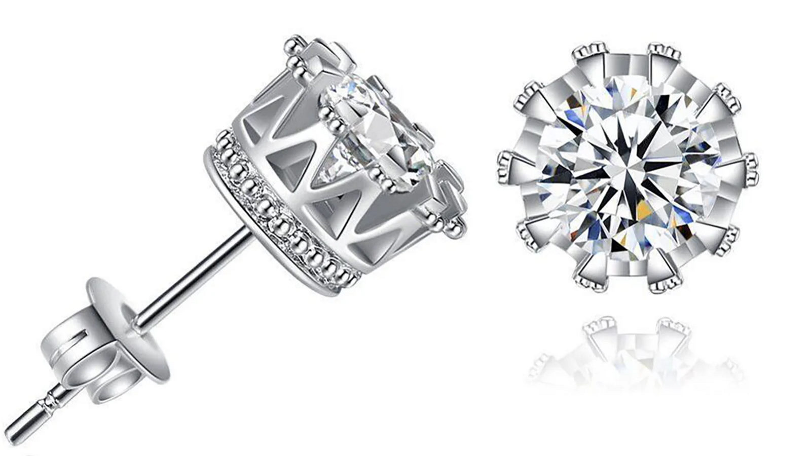 Poetic Dove 925 Sterling Silver Small Crown Women Men CZ Crystal Solitaire Stud Earrings