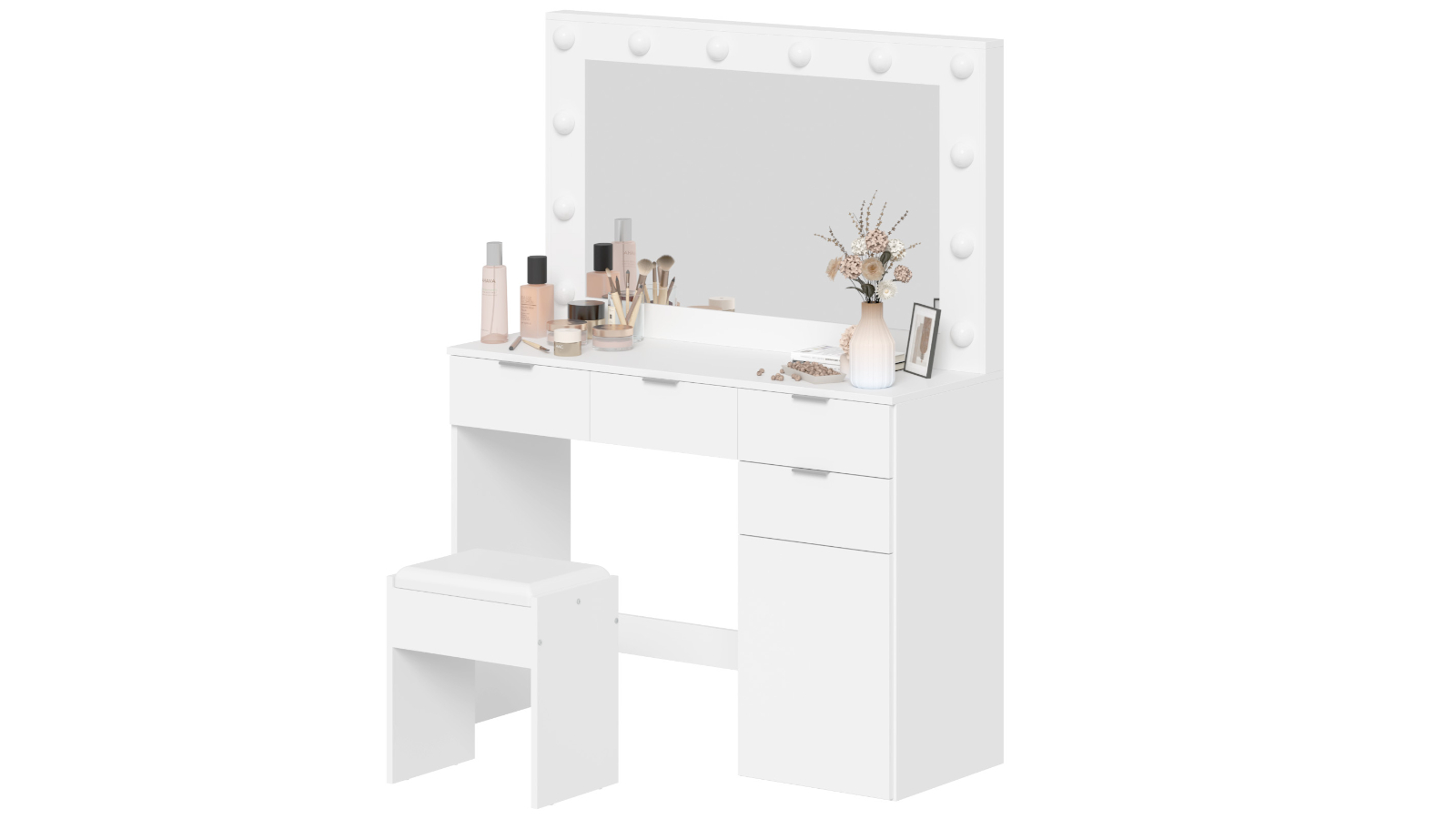 Advwin12 LED Bulb Large Mirror Dressing Table/Stool Set - White