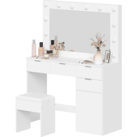 Advwin12 LED Bulb Large Mirror Dressing Table/Stool Set - White