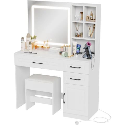 Advwin Dressing Table with Charging Station - White
