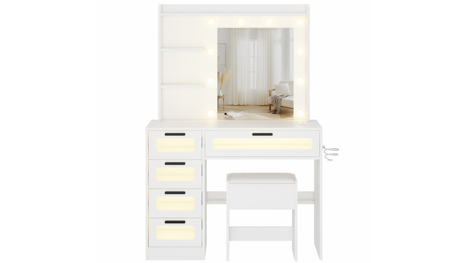 Advwin 10 LED Bulbs Make up Mirror Vanity Desk with Storage Drawers and Shelves - White