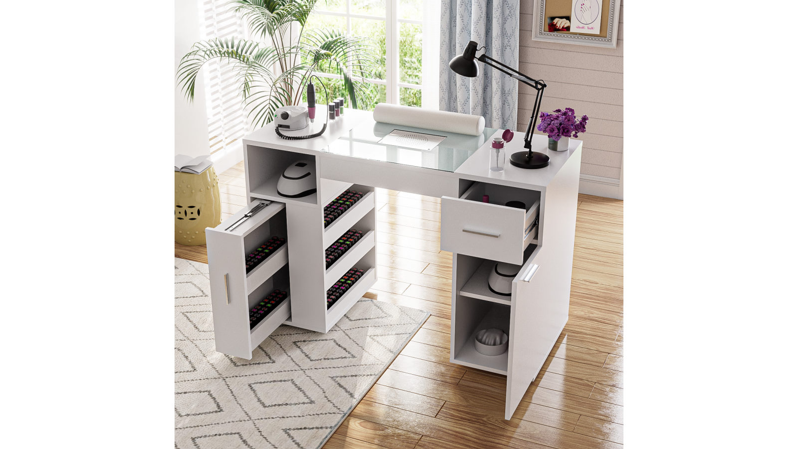 Advwin Manicure Table Nail Tech Desk with Dust Collector Glass Top and Drawers Shelves - White