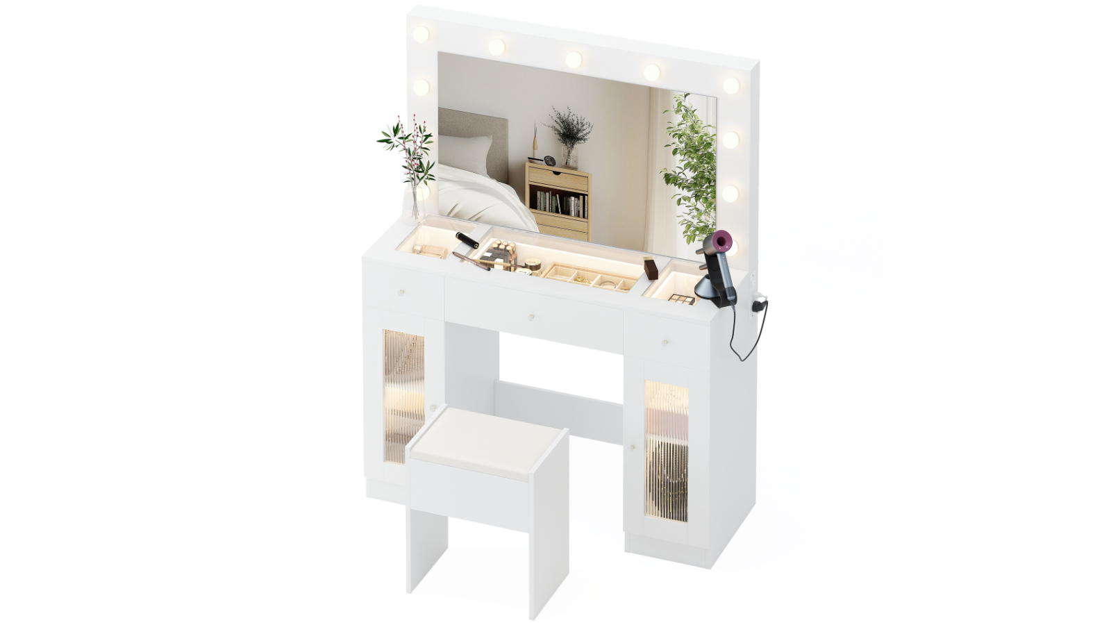 Advwin Dressing Table Set with Large Mirror - White