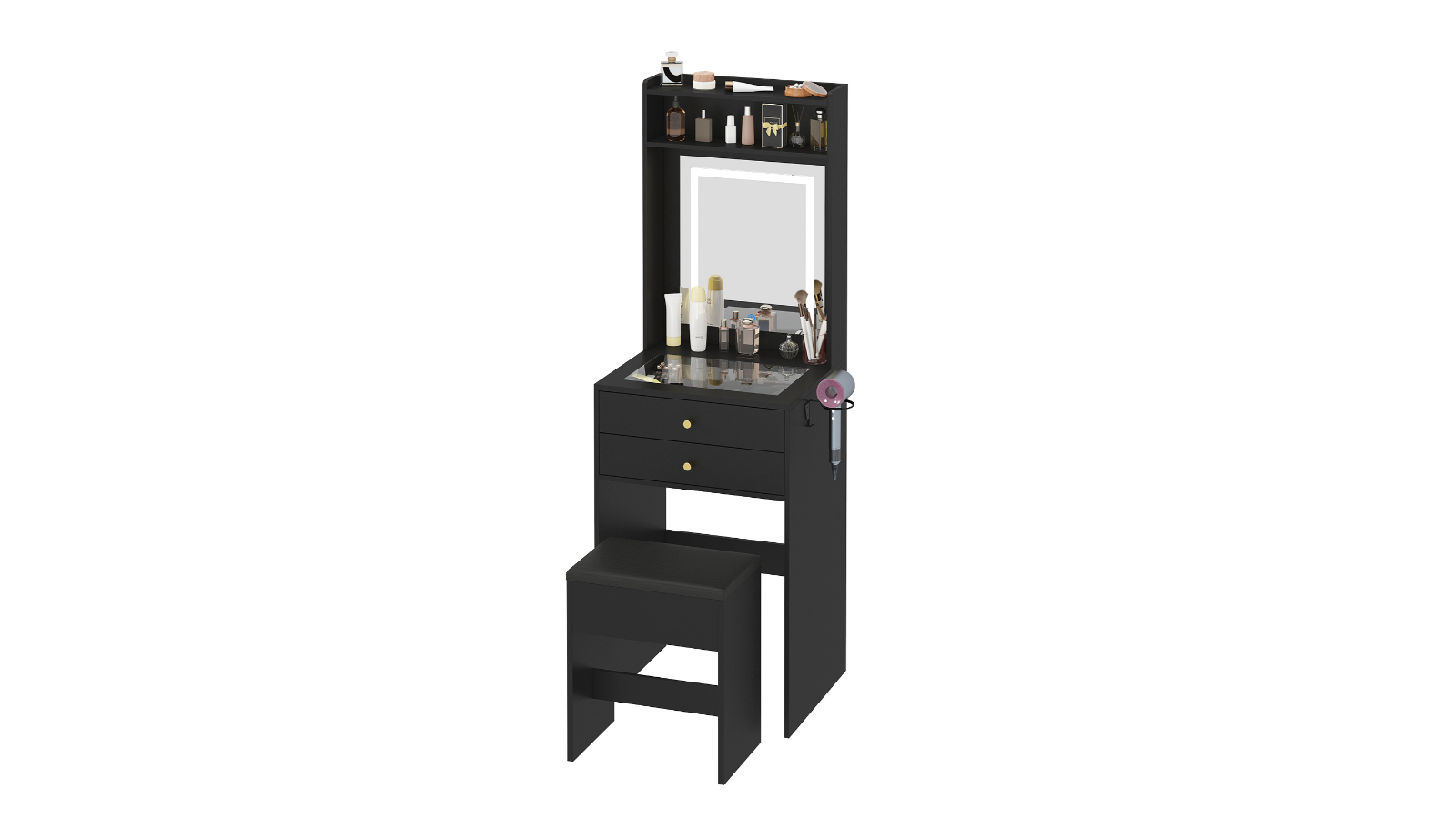 Advwin Dressing Table with Glass Desktop and Stool Set - Black