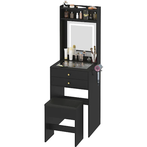 Advwin Dressing Table with Glass Desktop and Stool Set - Black