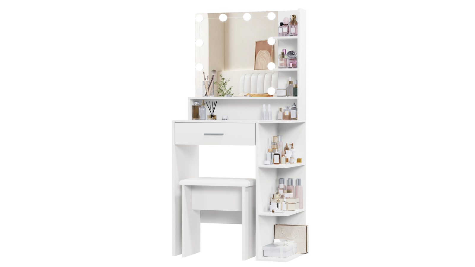 Advwin Dressing Table Set with Large Mirror and 10 LED - White