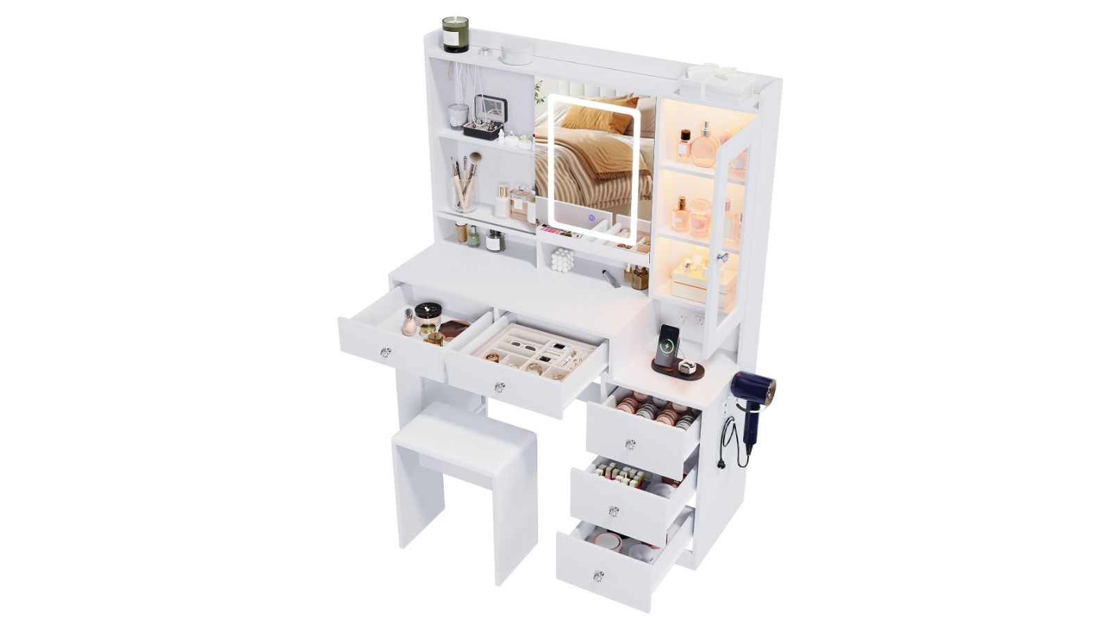 Advwin 5-Drawer Large Dressing Table with Sliding LED Mirror - White