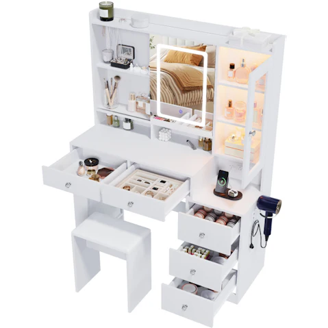 Advwin 5-Drawer Large Dressing Table with Sliding LED Mirror - White