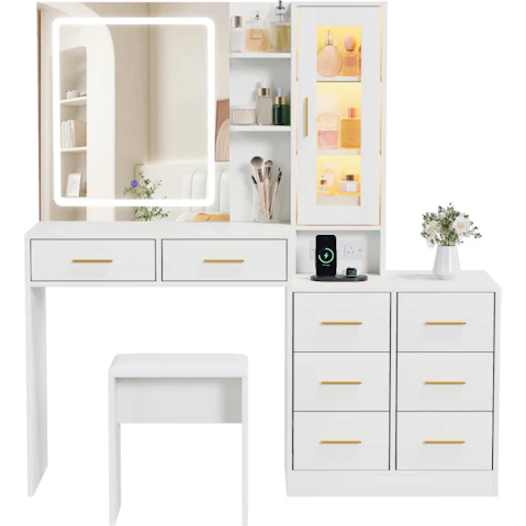 Advwin 8-Drawer Large Dressing Table Stool Set with LED Mirror - White