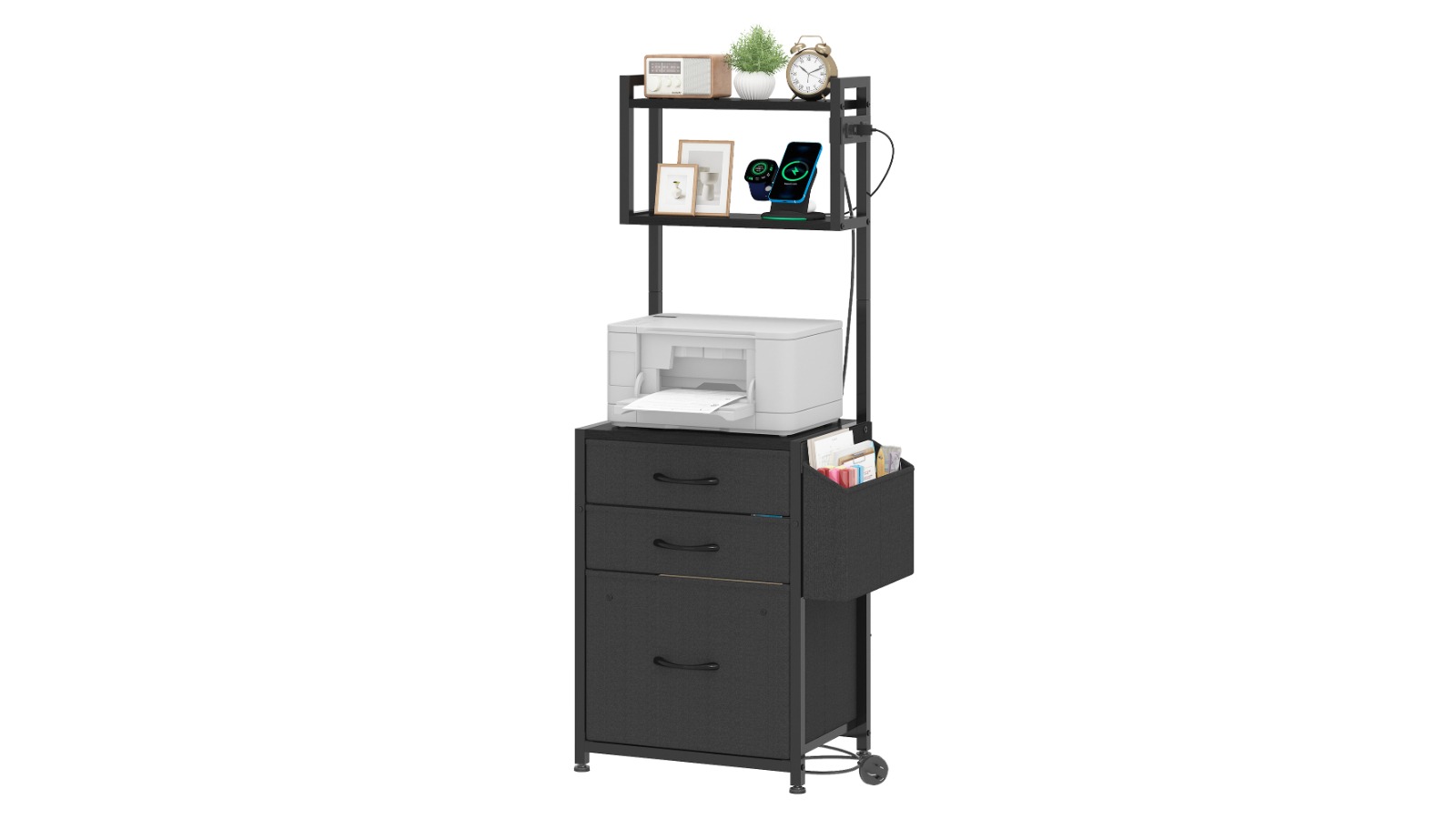 Advwin 3-Drawer File Cabinet with Charging Station and Side Pocket - Black