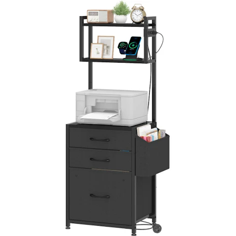 Advwin 3-Drawer File Cabinet with Charging Station and Side Pocket - Black