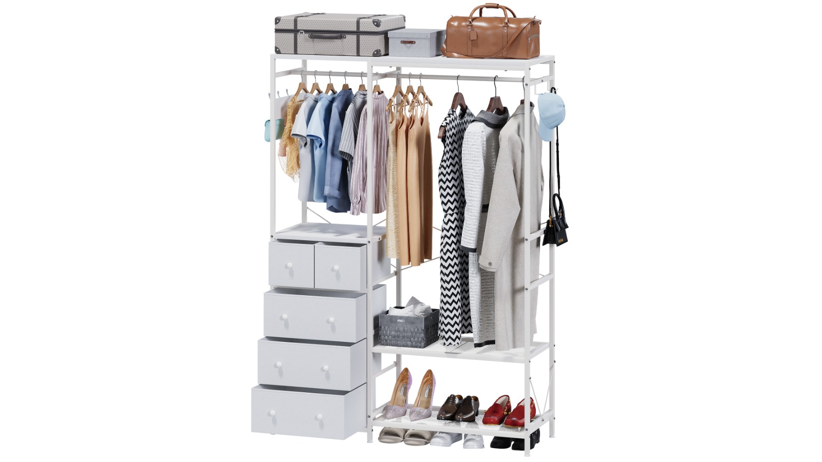 Advwin Portable Closet Rack with 5-Drawer - White