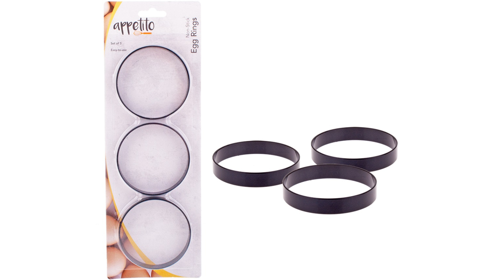 Appetito 3 Piece Non-Stick Egg Rings Frying Mould Cooking Set - Black