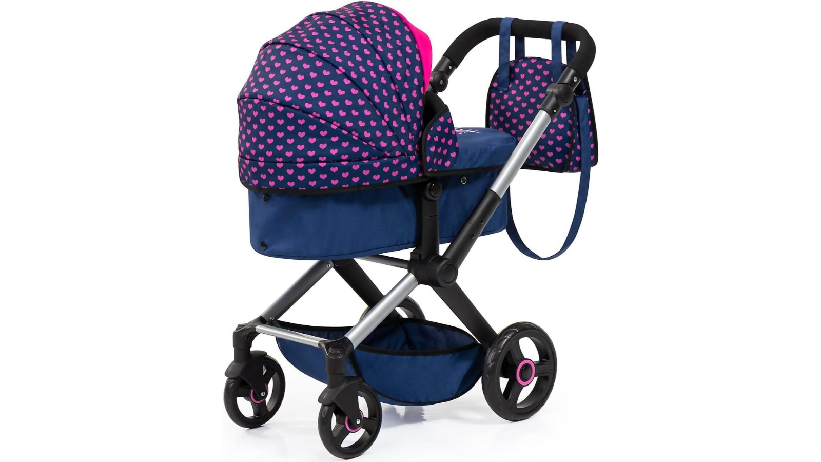 Bayer Doll Pram Xeo Compact with Pink Hearts - Dark Blue